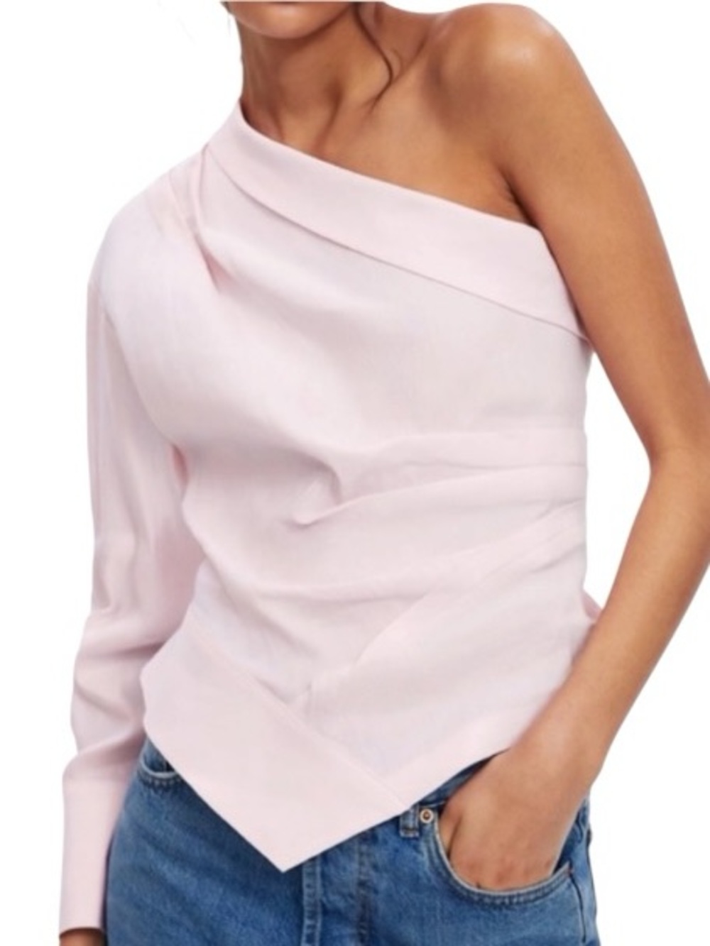 NWT Zara Pink Linen Blend One Shoulder Asymmetrical Pkeated Top - S